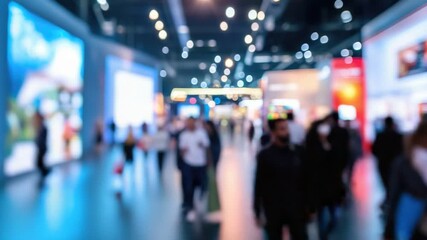 A vibrant exhibition hall filled with people and bright lights, showcasing various booths.
