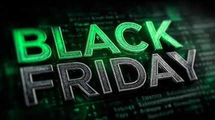 Black Friday glowing green text on dark tech-style background for sales concept.
