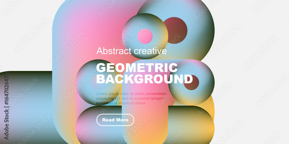 Poster vibrant abstract shapes overlap, creating dynamic geometric background. text promotes creative desig