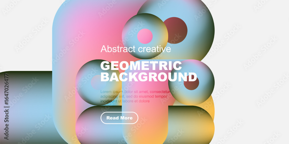 Poster abstract shapes overlap, creating vibrant colorful background. text promotes geometric design, inclu