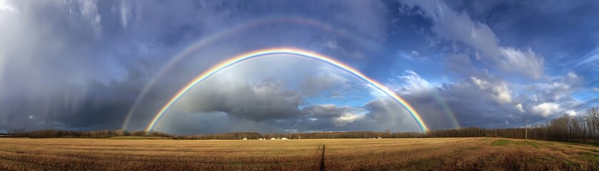 Double rainbow arches over a golden field.