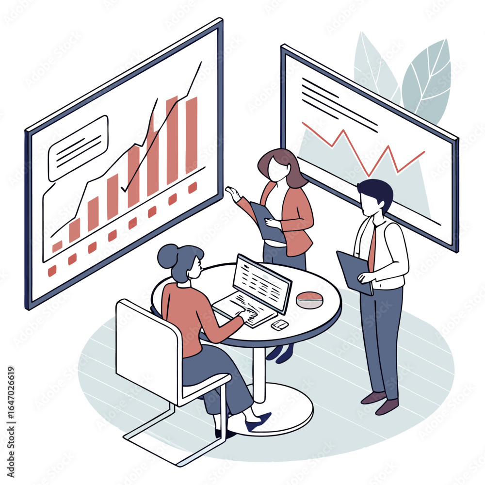 Poster isometric illustration of business team analyzing charts and graphs in a modern office setting today