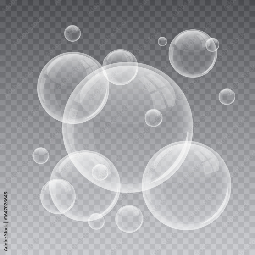 Aufkleber collection of translucent bubbles floating against a transparent background, various sizes.