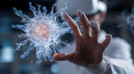 A male scientist wearing a VR headset interacts with a holographic representation of a virus, showcasing innovation in biotechnology.