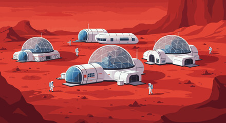 Mars Colony Base with Astronauts Exploring Red Planet Landscape © Risqi