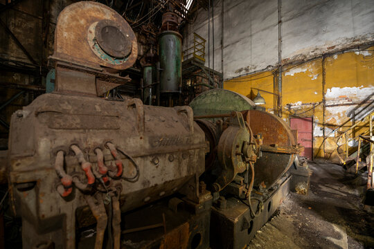 Abandoned Heavy Industrial Ruins with Large Blast Furnace in Steelworks