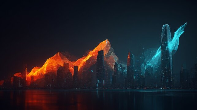 Futuristic cityscape with glowing data waves over skyline at night.