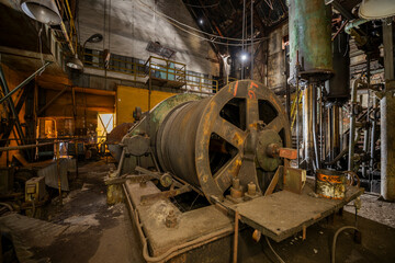 Abandoned Heavy Industrial Ruins with Large Blast Furnace in Steelworks