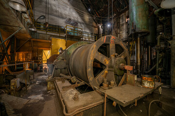 Abandoned Heavy Industrial Ruins with Large Blast Furnace in Steelworks