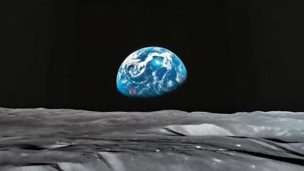 The Earth rises above the lunar horizon, the contrast of dark space and blue planet creates a spectacular sight. Suitable for space documentaries, astronomy presentations, environmental projects, and 