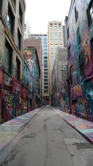 Fototapeta premium Urban alleyway with colorful graffiti art.