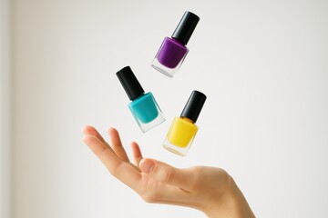 Obraz premium Colorful nail polish bottles float magically above a woman's hand, offering a vibrant and minimalist beauty concept perfect for cosmetic ads and modern style inspiration.
