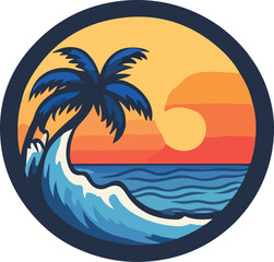 Tropical beach sunset with palm tree and wave cartoon illustration
