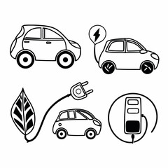 Electric vehicle charging doodle set, eco friendly transport isolated on white background
