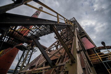 Abandoned Heavy Industrial Ruins with Large Blast Furnace in Steelworks