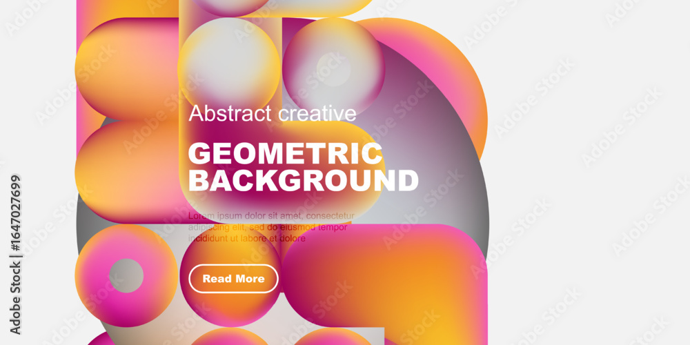 Poster vibrant abstract shapes overlap, creating dynamic geometric background. text promotes further explor