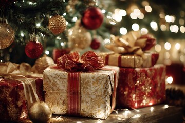 Elegant Christmas gifts under twinkling lights create a festive and joyful holiday atmosphere, perfect for seasonal marketing campaigns