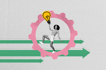 Image full pop trend collage of happy businesswoman stand arrow development light bulb idea finding...