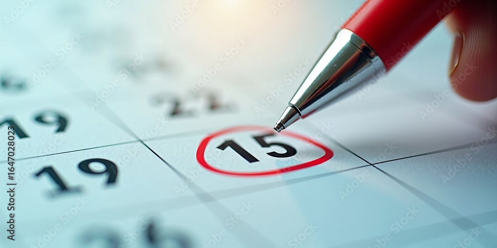 Poster deadline, planning, and important event concept with red pen marking calendar date on fifteenth, clo