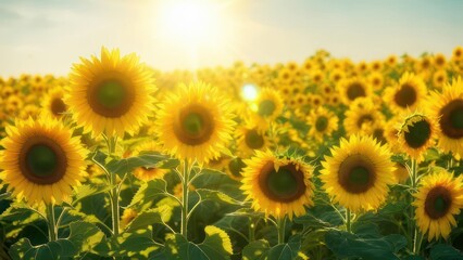 Radiant Sunburst Over a Golden Field of Sunflowers at Sunset