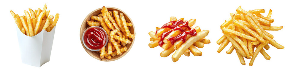 A set of delicious French fries with ketchup isolated on a transparent background PNG