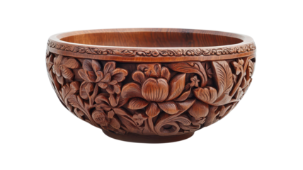 Beautifully carved wooden bowl with detailed floral designs showcases traditional craftsmanship and artistry
