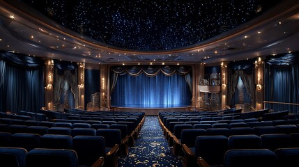 Elegantly appointed cruise ship theater with starry backdrop and plush blue seating awaits an evening of entertainment at sea.