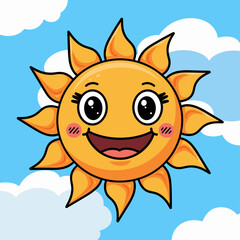Cheerful kawaii sun with smiling friends and clouds in a blue sky