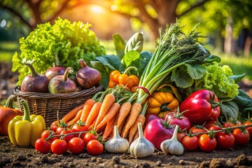 A bountiful harvest of fresh vegetables, including carrots, tomatoes, peppers, and garlic, arranged in a basket on the ground in a vibrant autumn garden