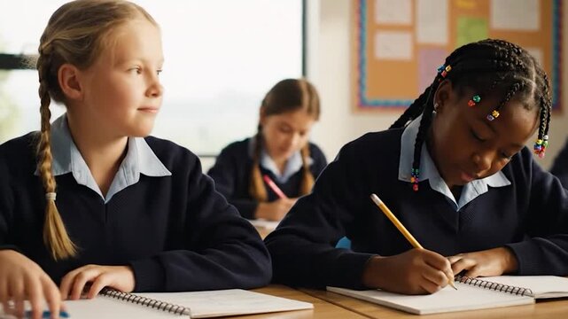 &Eacute;coli&egrave;res concentr&eacute;es &eacute;crivant en classe durant un cours