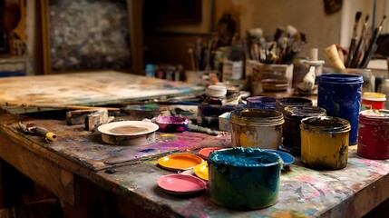 Colorful paint containers and palettes on a cluttered 's table.