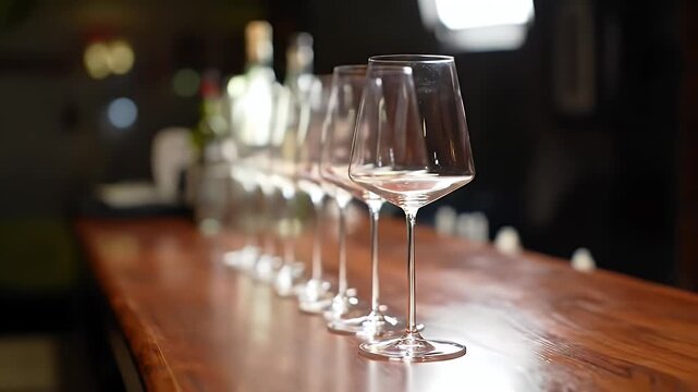 Row Of Elegant Wine Glasses on a Wooden Countertop in Soft Lighting Indoors