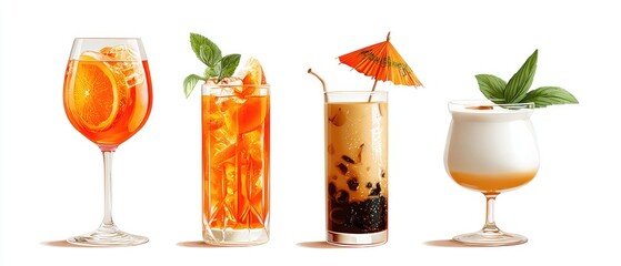 Four colorful drinks in different glasses