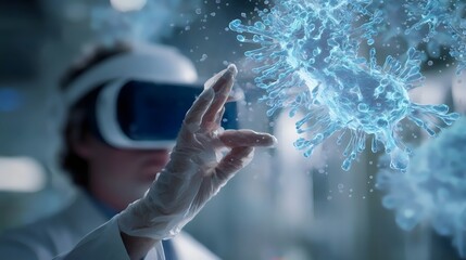 A male scientist in a lab coat uses virtual reality to interact with a 3D model of viruses, showcasing innovative research methods.