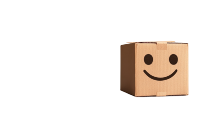 A cheerful cardboard box with a smiling face is positioned against a simple background, bringing joy to packaging