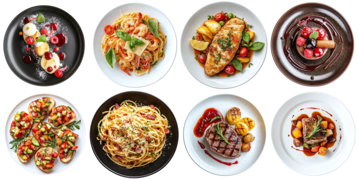 Set of different delicious restaurant dishes isolated on transparent background PNG