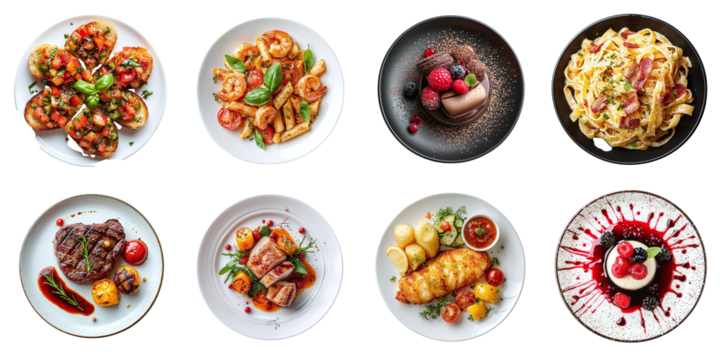 Set of different delicious restaurant dishes isolated on transparent background PNG
