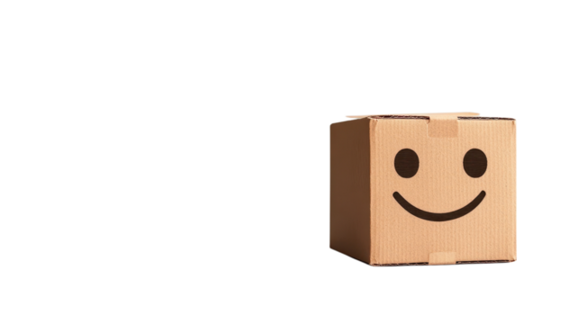 A cheerful cardboard box with a smiling face is positioned against a simple background, bringing joy to packaging
