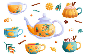 A set of cups with autumn drinks, a pot of tea on a white background. Autumn concept, tea shop, tea party. Isolated vector illustration for the design of poster, banner, website, menu, advertisement