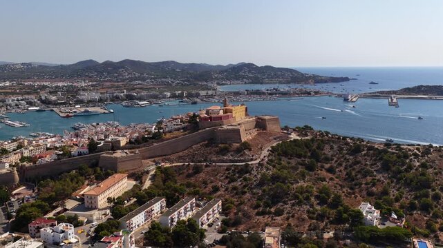 Aerial View of Dalt Vila Fortress and Ibiza Town Harbor, Spain