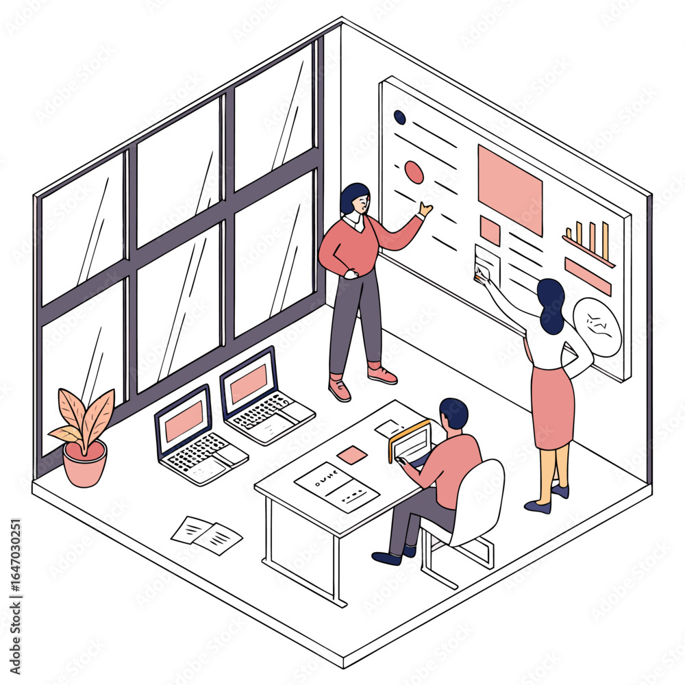 Poster isometric view of a team collaborating in an office with laptops and presentation board displayed
