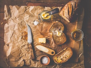 Rustic scene of toasted bread with butter, knife, salt and honey. AI-generated.