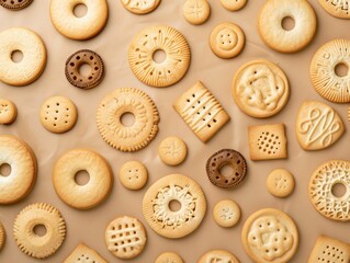 Assorted cookies arranged in a neat pattern on beige background. AI-generated.