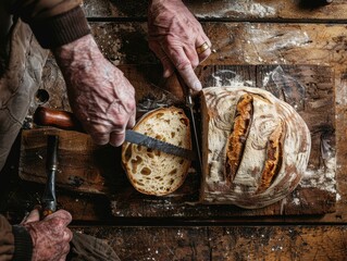 Elderly hands slice rustic sourdough loaf on wooden board. AI-generated.