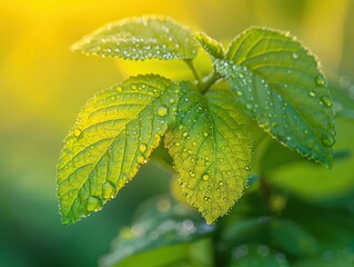 Macro of dew-covered green leaves in soft morning light. AI-generated.