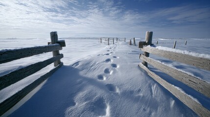 Obraz premium Winter landscape shows snowy field with rustic wooden fence and footprints on cold day