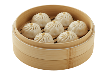 Steamed dumplings in bamboo steamer basket asian cuisine overhead view