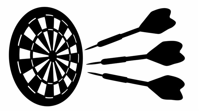 A black and white illustration of a dartboard with three darts hitting the target in a graphic style