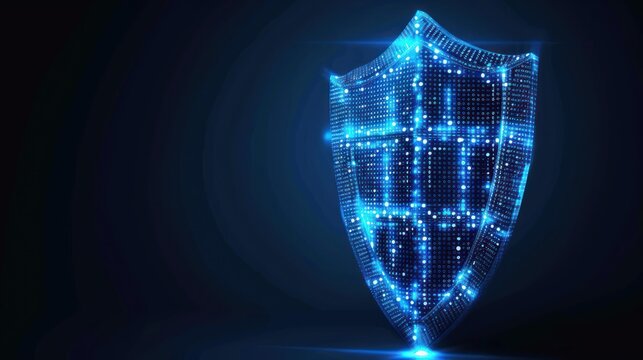 Transparent vector shield icon for cybersecurity, outlined with bold blue lines, interior filled with a dense pattern of white security-code dots, light glinting off edges. minimalist tech