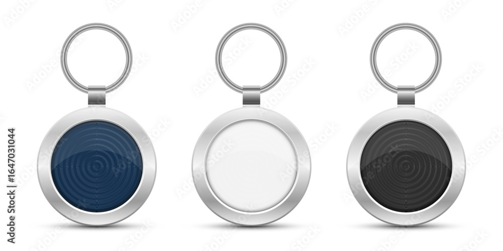 Poster three round, silver keychains with different colored inserts, presented against a white backdrop.